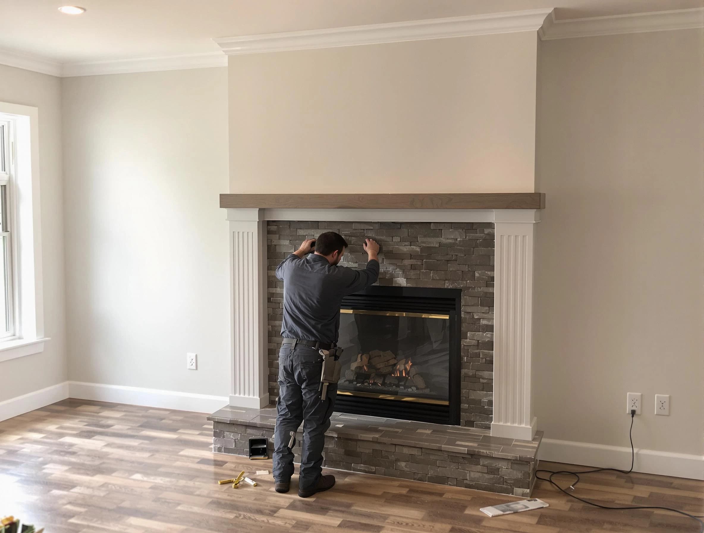 Mahwah Chimney Sweep finishing a custom fireplace install in Mahwah, NJ