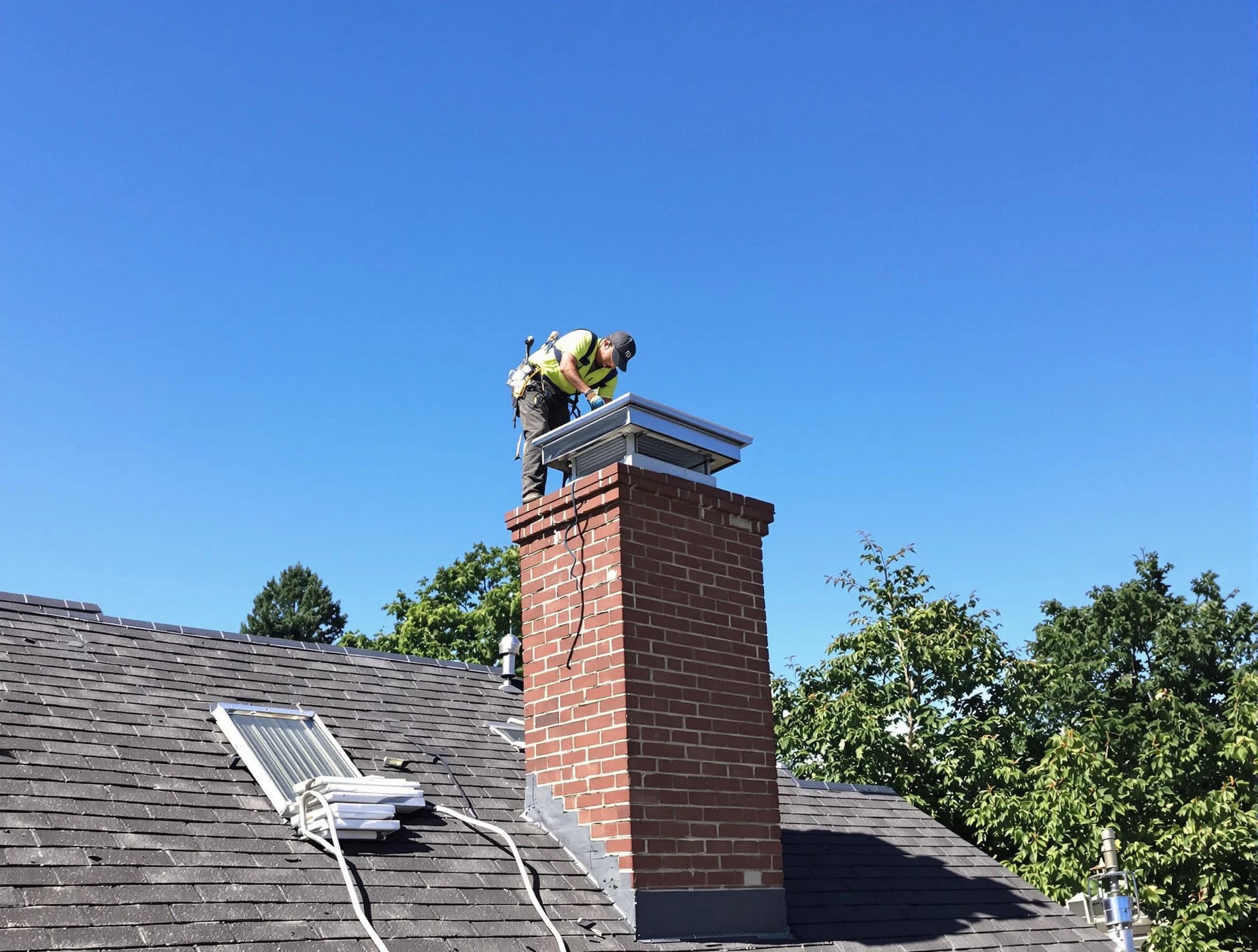 Mahwah Chimney Sweep technician measuring a chimney cap in Mahwah, NJ