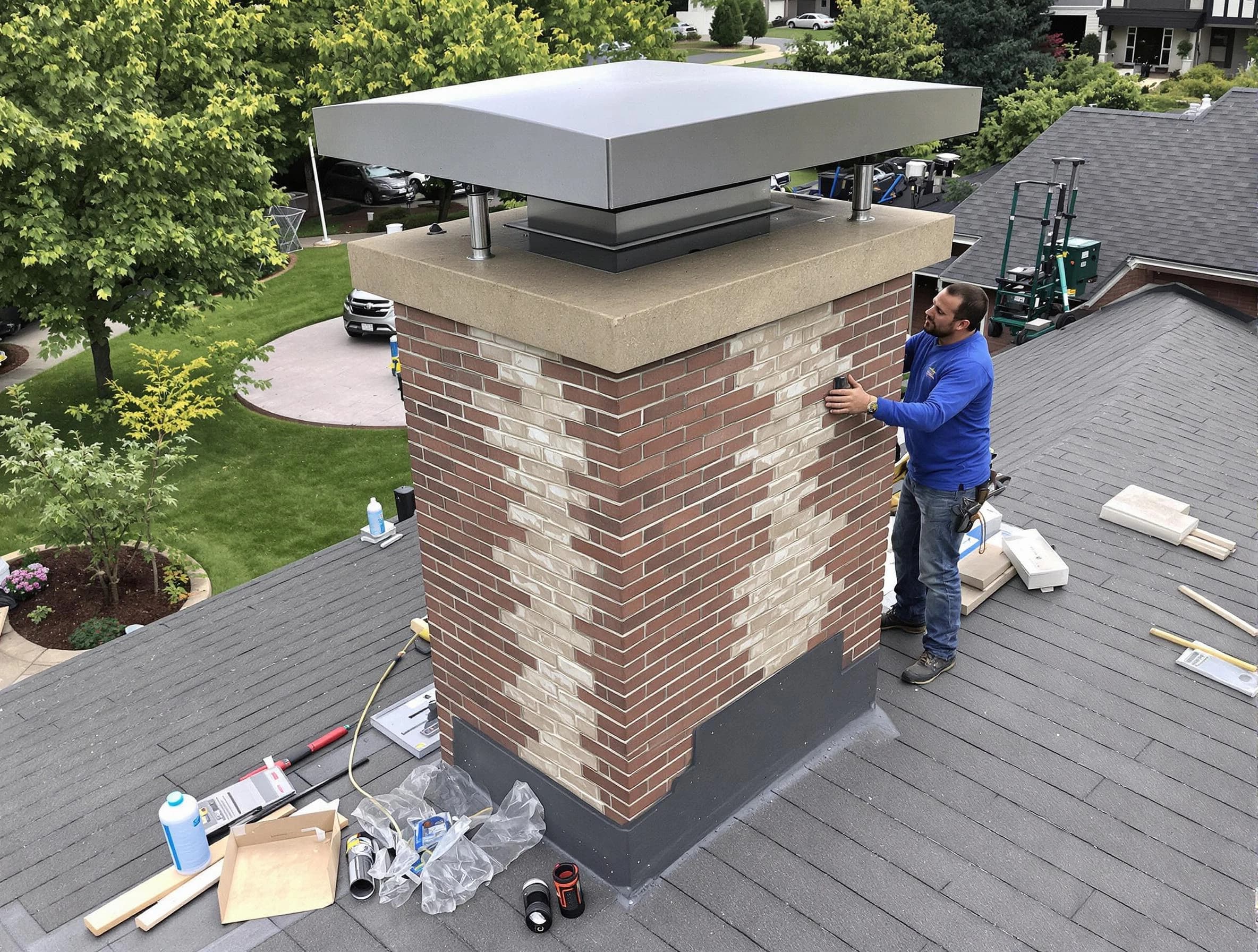 Mahwah Chimney Sweep team working on a custom chimney remodel in Mahwah, NJ